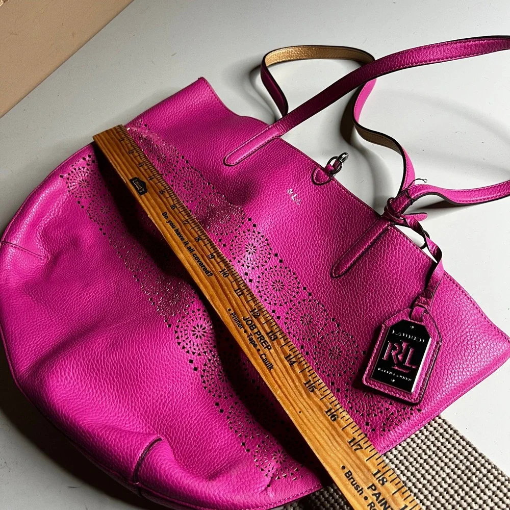 Lauren Ralph Lauren Pink Laser Cut Leather Tote Bag with Gold Interior & Pouch